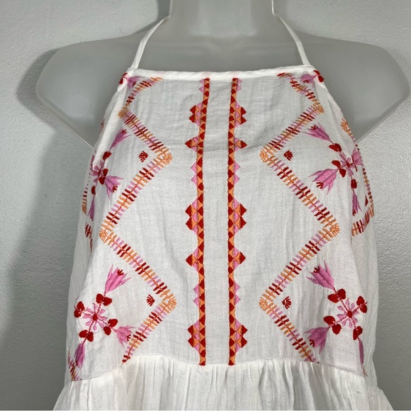 O'Neill White Pink Embroidered Lightweight Halter Tie Peplum Hem Tank Top Small - Picture 2 of 7